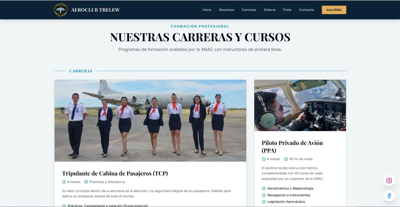 Sección de carreras y cursos, con una tarjeta por formación: tripulante de cabina, piloto privado y el resto de los programas