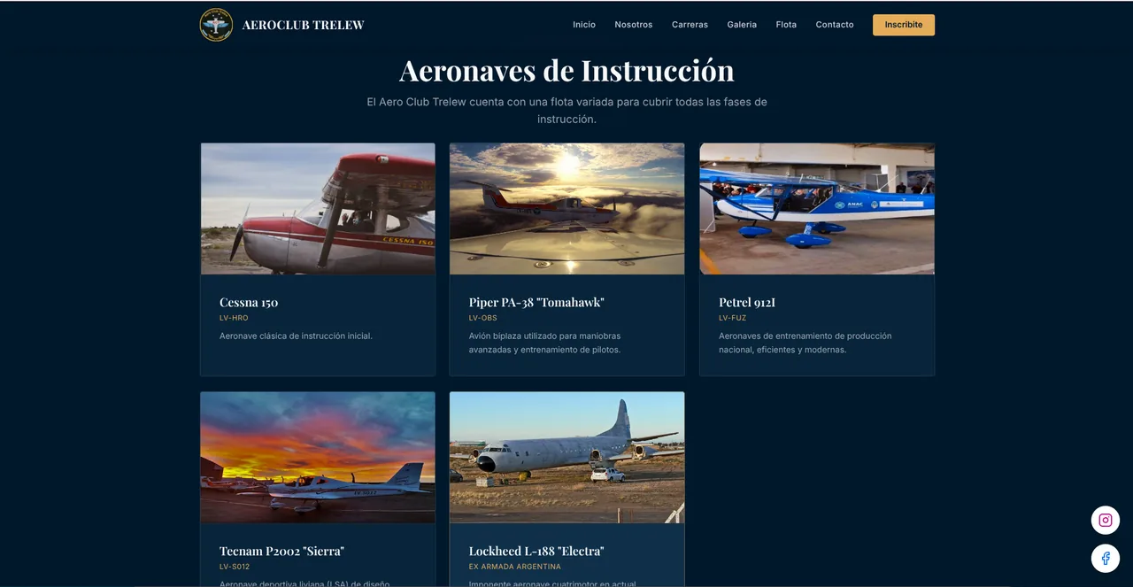 Sección "Aeronaves de Instrucción", con una tarjeta por avión de la flota: Cessna, Piper, Petrel, Tecnam y Lockheed