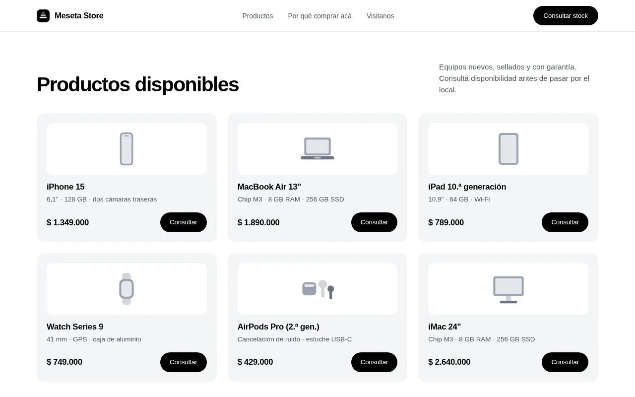 Grilla de productos de la landing, con nombre, especificación breve y precio de cada equipo