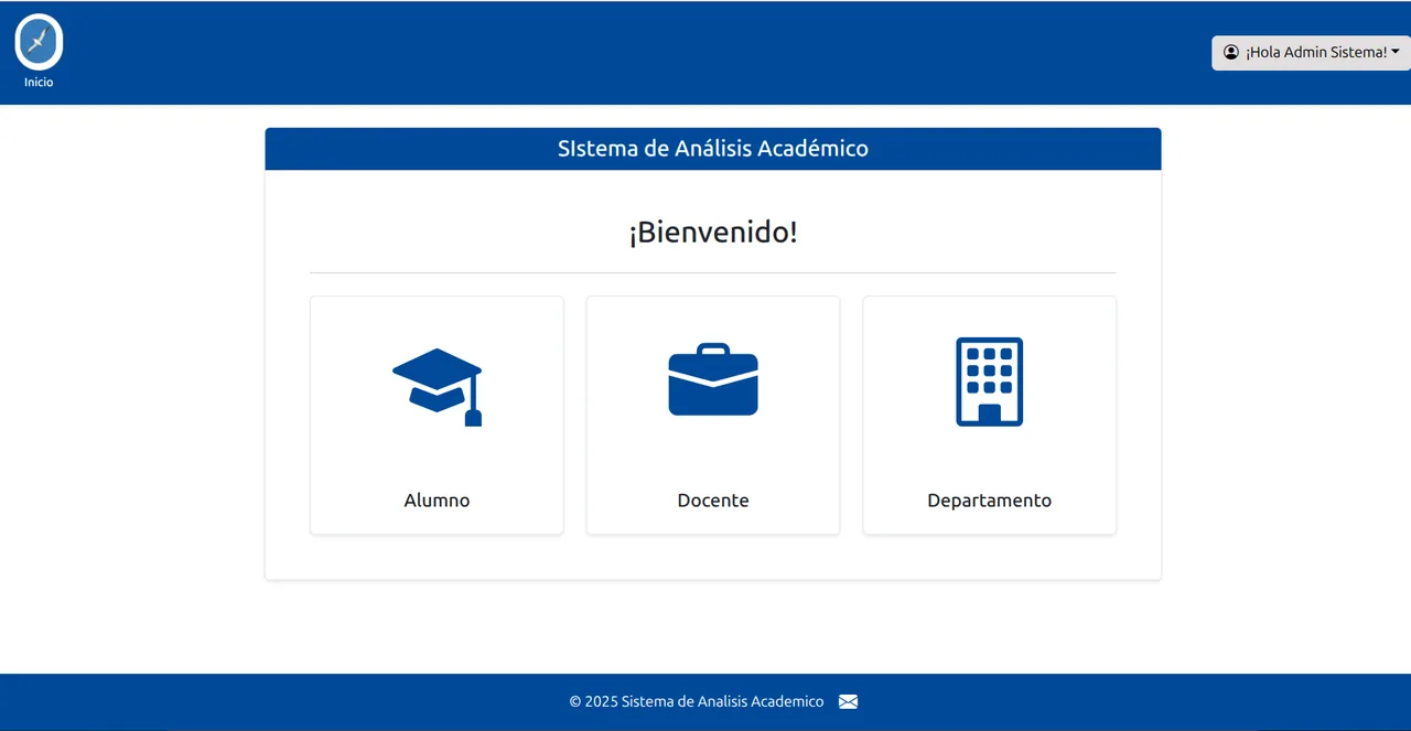 Pantalla de bienvenida del Sistema de Análisis Académico, con las tarjetas para entrar como Alumno, Docente o Departamento