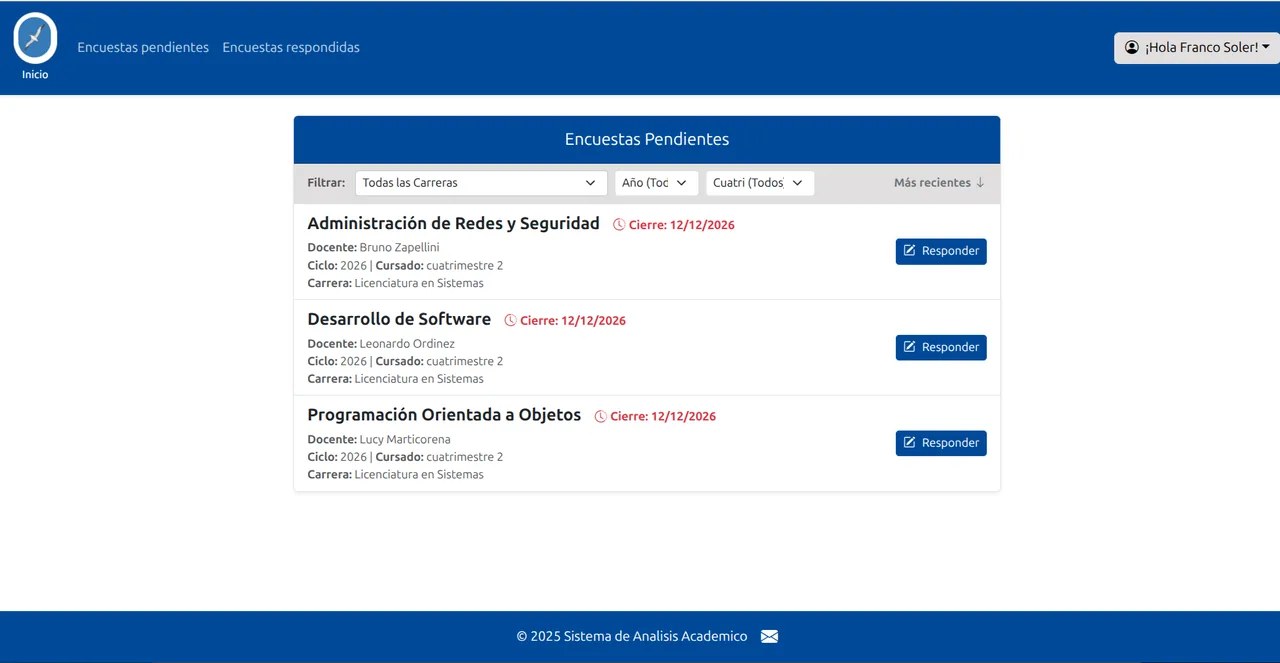 Vista del alumno: listado de encuestas pendientes, con materia, docente, fecha de cierre y el botón para responder