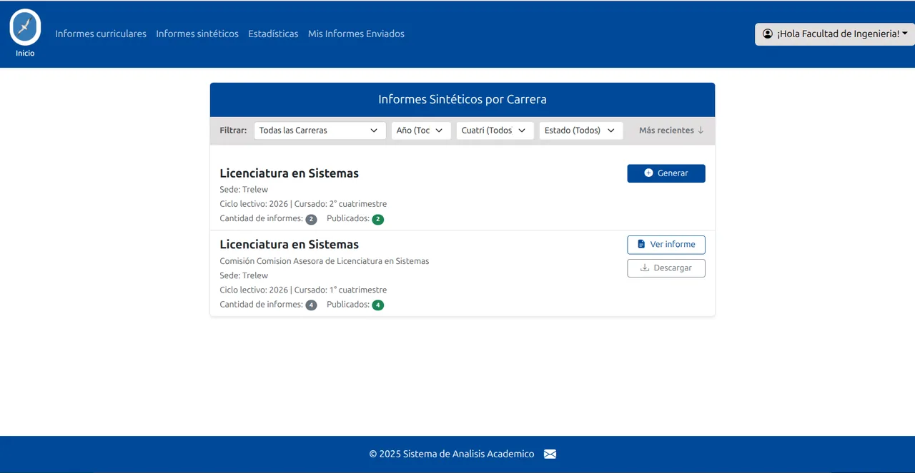 Vista del Departamento: informes sintéticos por carrera, con la cantidad de informes incluidos y publicados por período